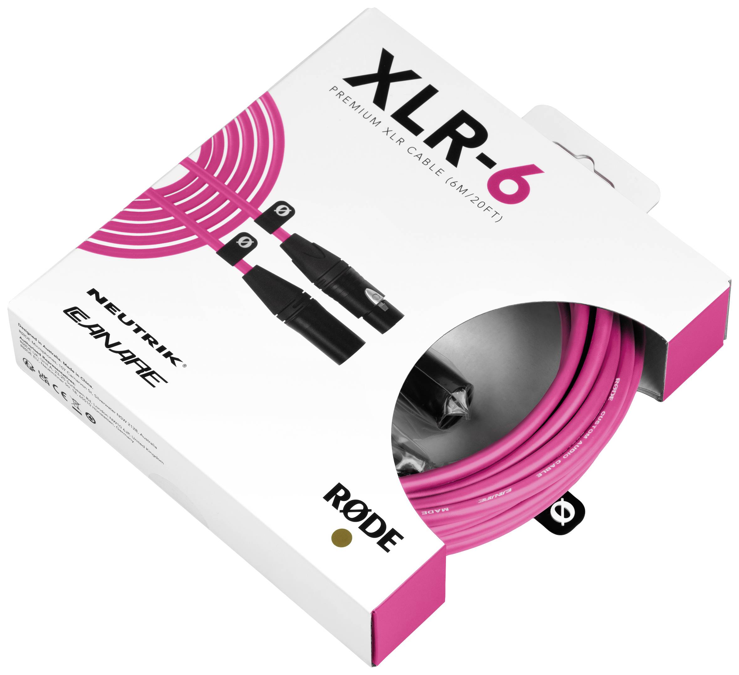 XLR-Kabel in einer Verpackung mit rosa und weißem Design, beschriftet mit 'XLR-6' und Markenlogos 'NEUTRIK', 'CANARE' und 'RØDE'.