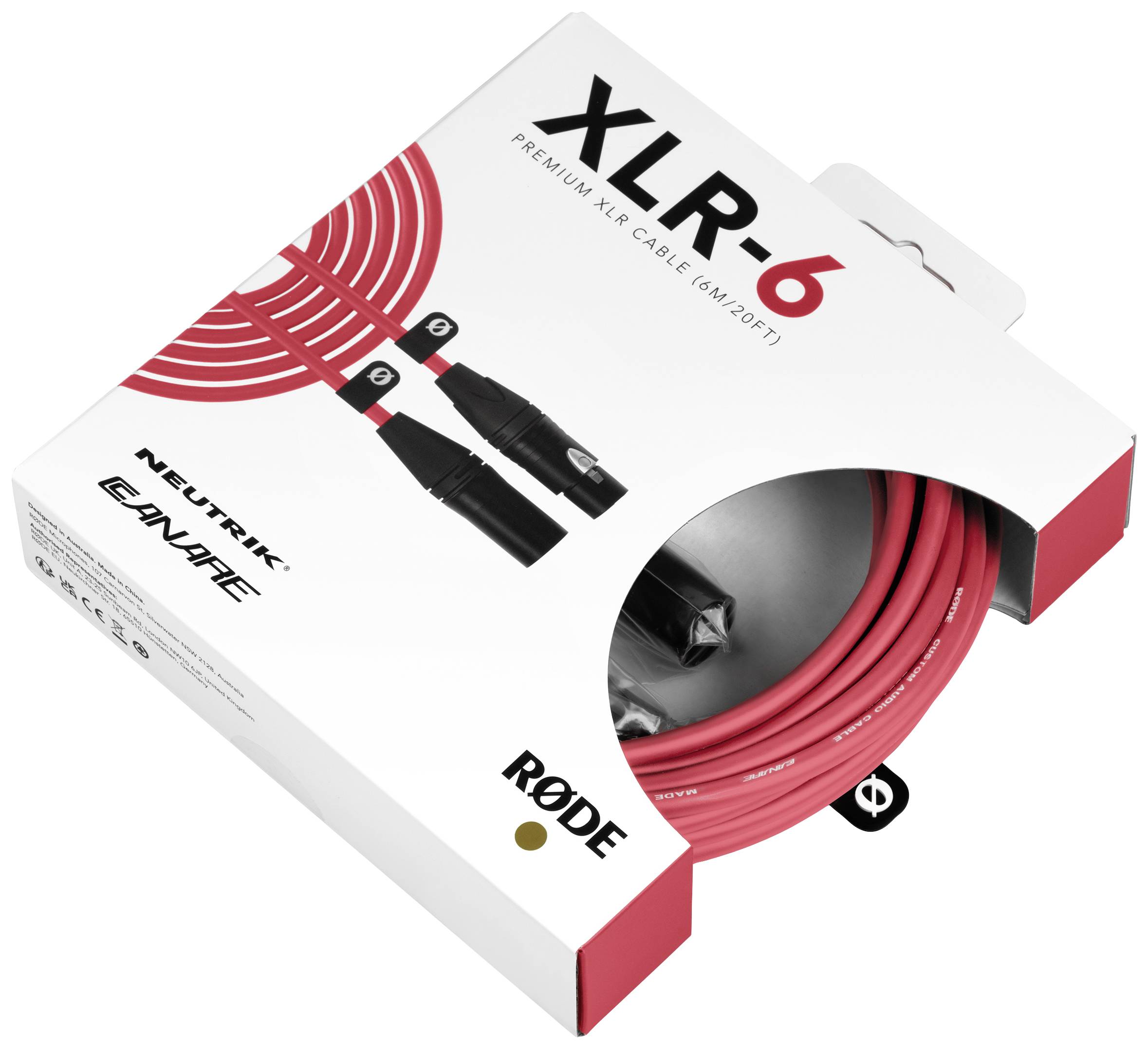 'XLR-6 Premium XLR-Kabel' in rotem Karton, abgebildet mit Kabel und Steckern auf der Verpackung. Marken: Neutrik, Canare, Rode.