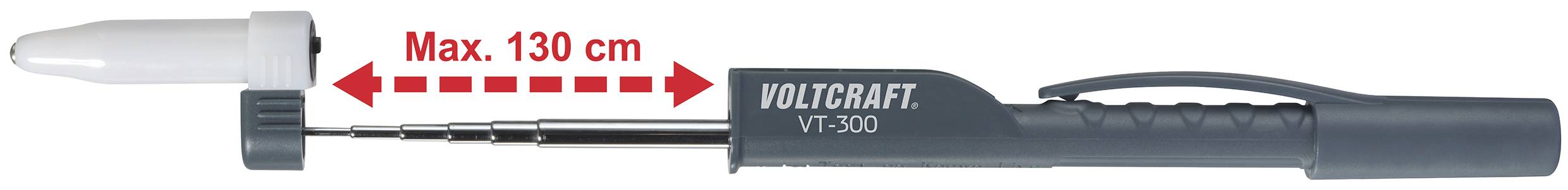 Beweglicher Spannungsmesser 'Voltcraft VT-500' mit ausziehbarer Spitze, maximal 130 cm ausfahrbar.