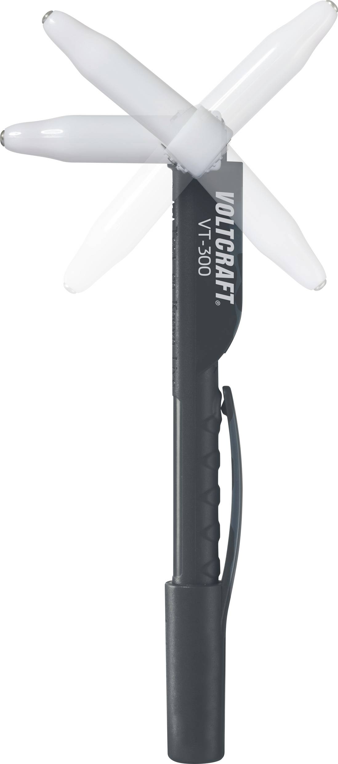 Ein schwarzer Spannungsprüfer mit transparenten Flügeln oben, die sich drehen können. Aufdruck 'Voltcraft VT-300' auf dem Griff.