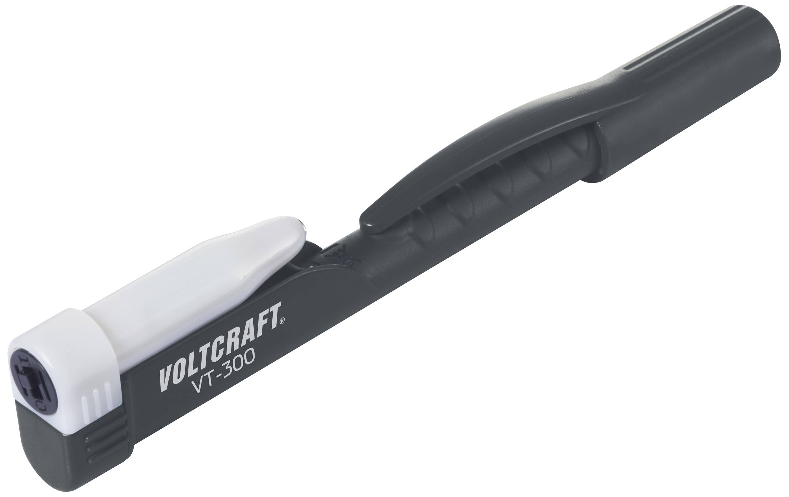 Spannungsprüfer Voltcraft VT-300. Schwarzer Kunststoffkörper mit weißer Spitze und Clip.