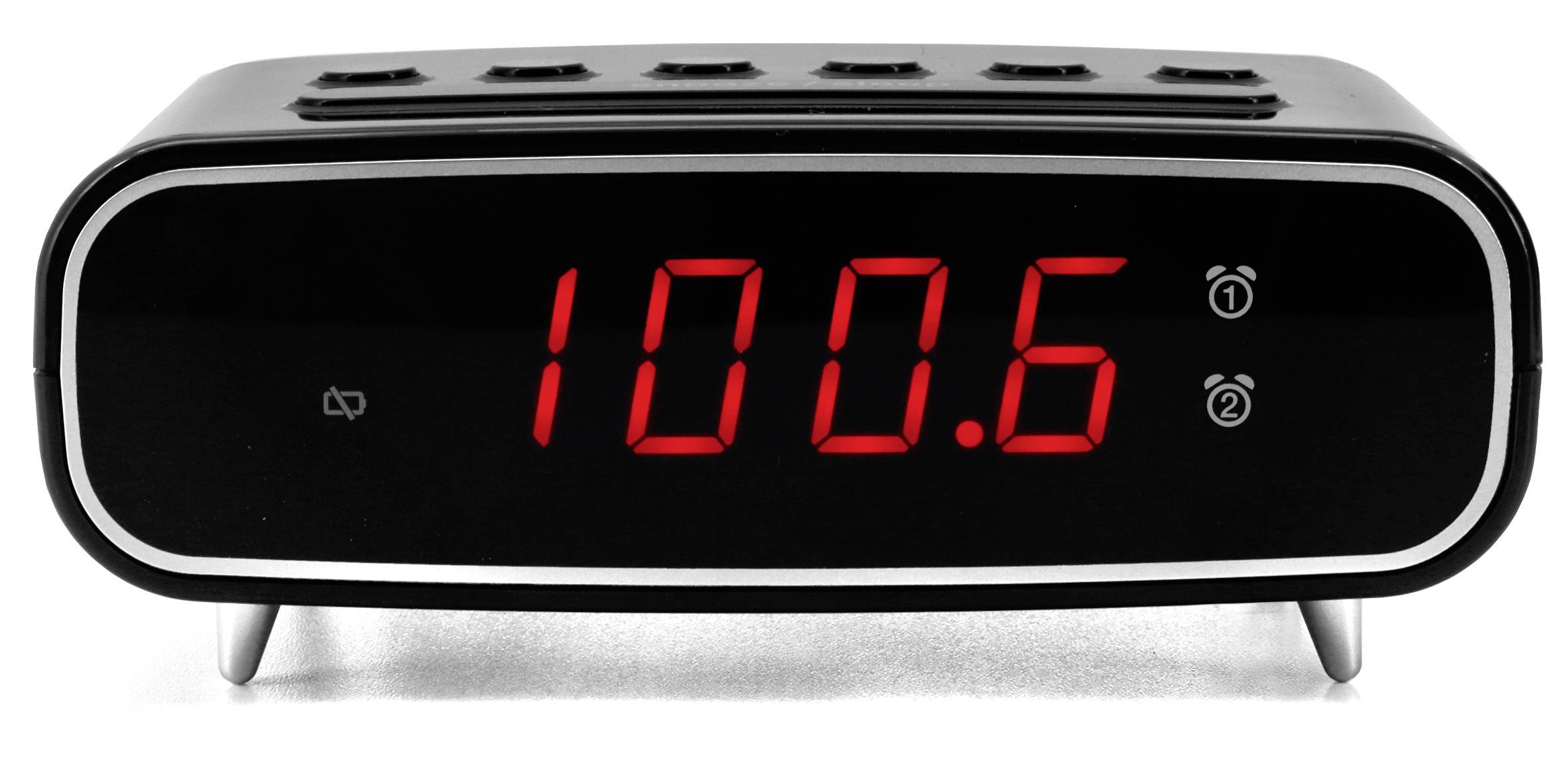 Ein schwarzes digitales Radio zeigt die Frequenz 100,6 an. Zwei Wecksymbole sind sichtbar, möglicherweise für zwei Alarmzeiten.