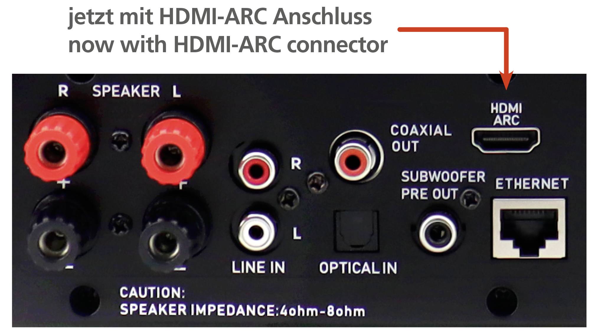 Rückseite eines Audiogeräts mit HDMI-ARC-Anschluss und verschiedenen Anschlüssen einschließlich Lautsprecher, Koaxial, Line In, optisch und Ethernet.