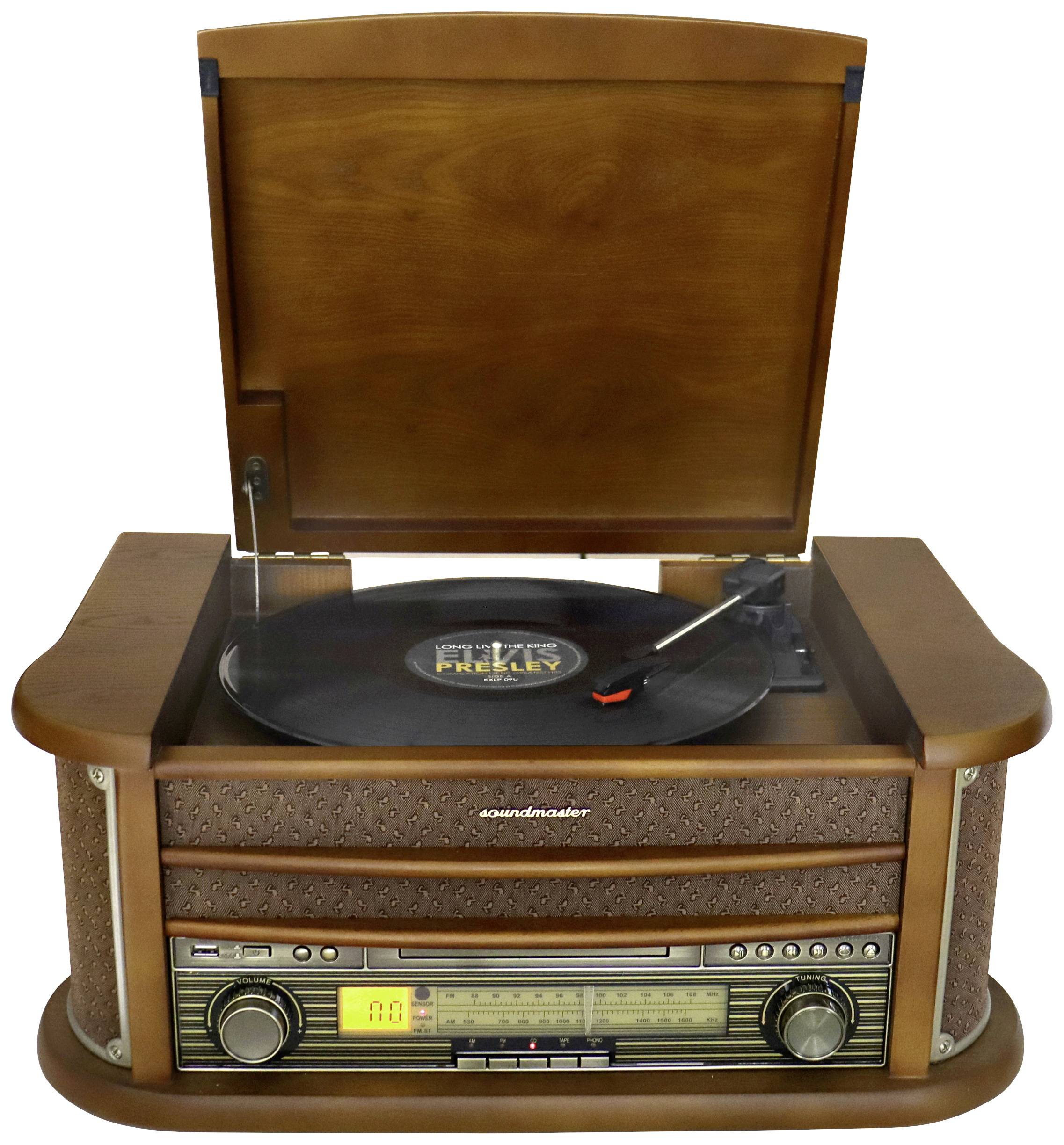 Ein Vintage-Plattenspieler mit offenem Deckel spielt eine Schallplatte ab. Das Design ist holzverkleidet, mit einem Radio und CD-Player.
