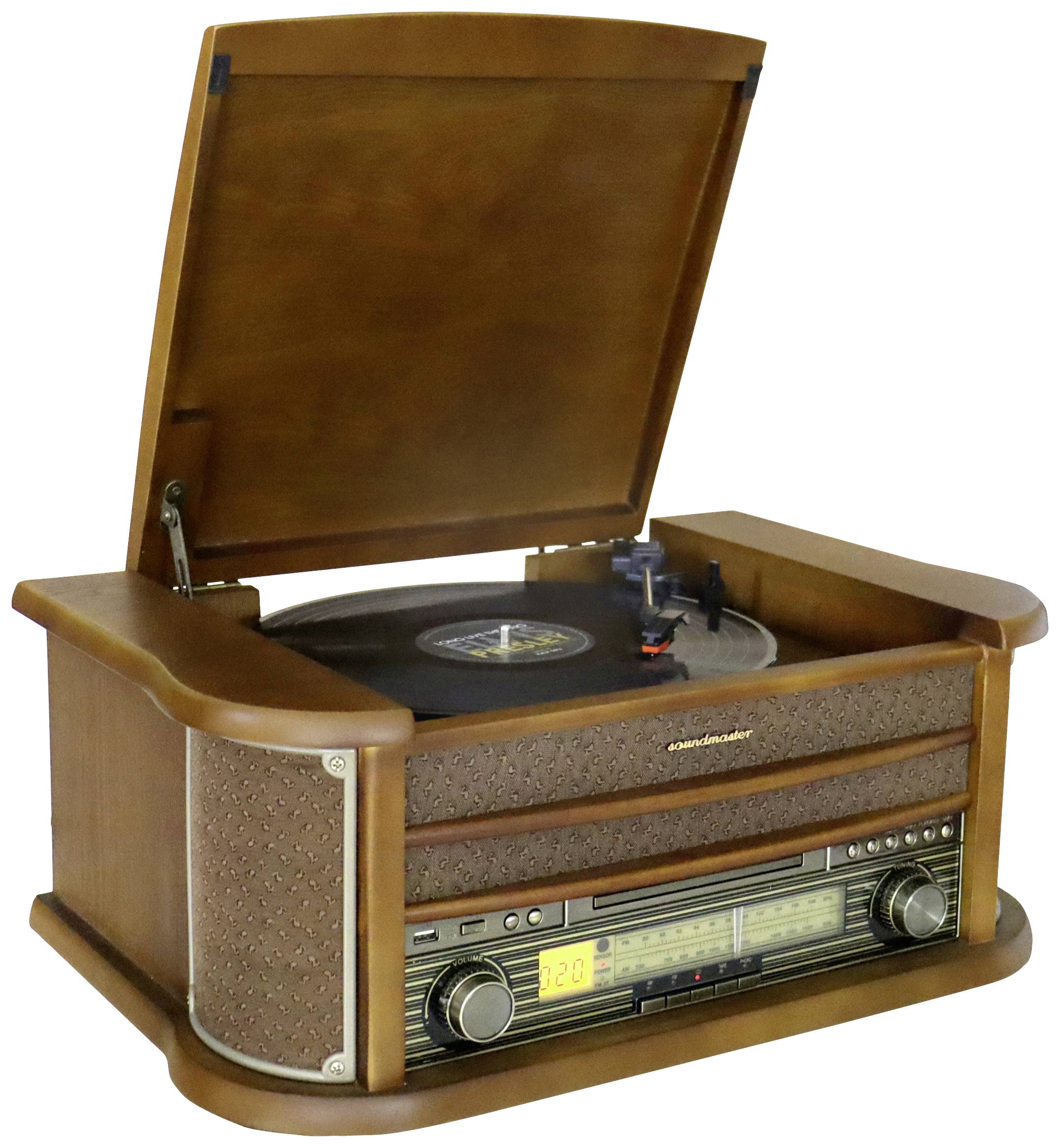 Ein Holzkofferplattenspieler mit offenem Deckel spielt eine Schallplatte. Vorderseite zeigt Ein-/Aus-Schalter und Drehknöpfe.