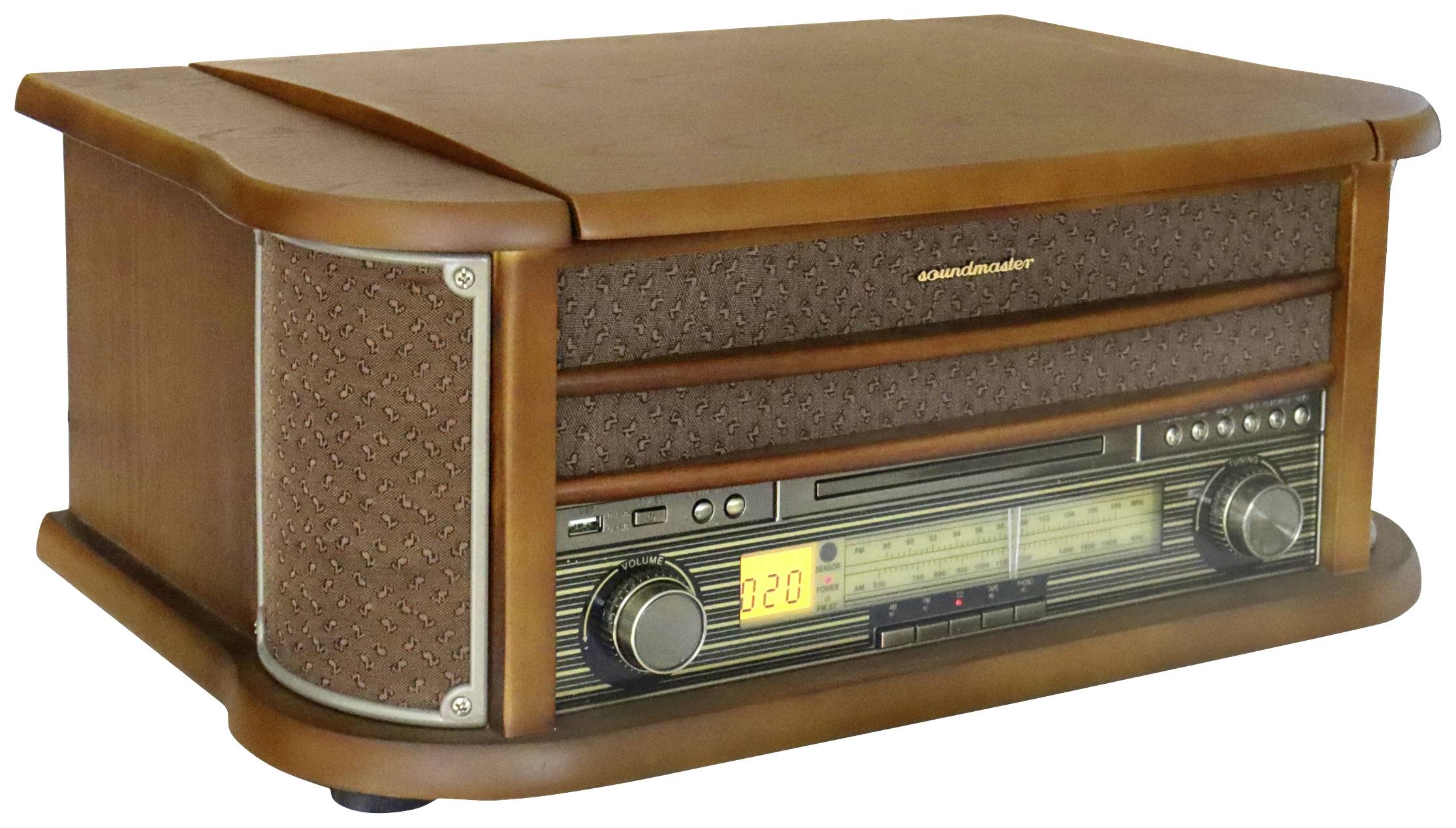 Holzradio im Retrodesign mit Drehknöpfen und digitaler Anzeige in der Mitte.