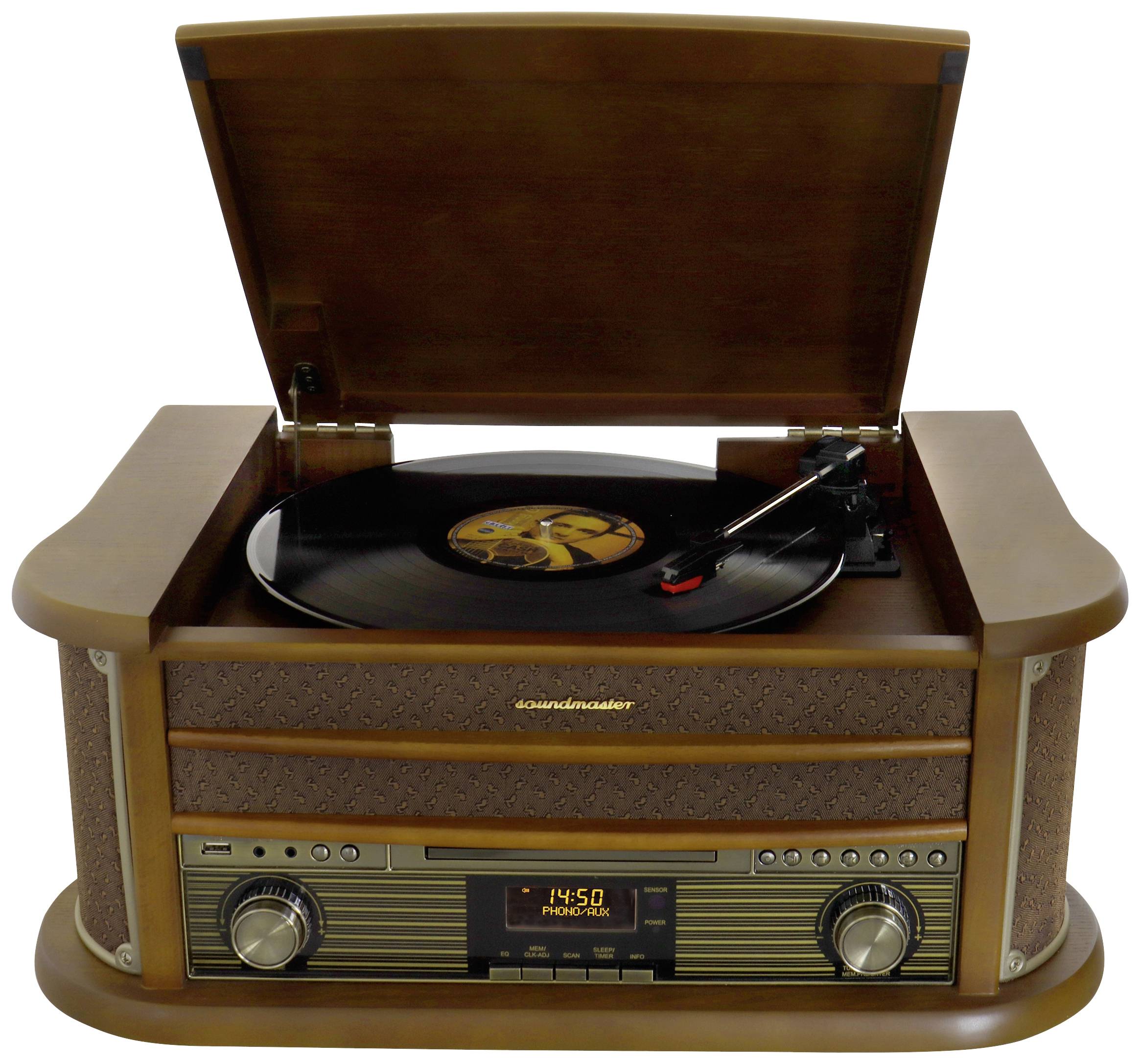Ein Retro-Plattenspieler mit geöffnetem Deckel spielt eine Schallplatte. Holzgehäuse und integriertes Radio mit digitaler Anzeige.