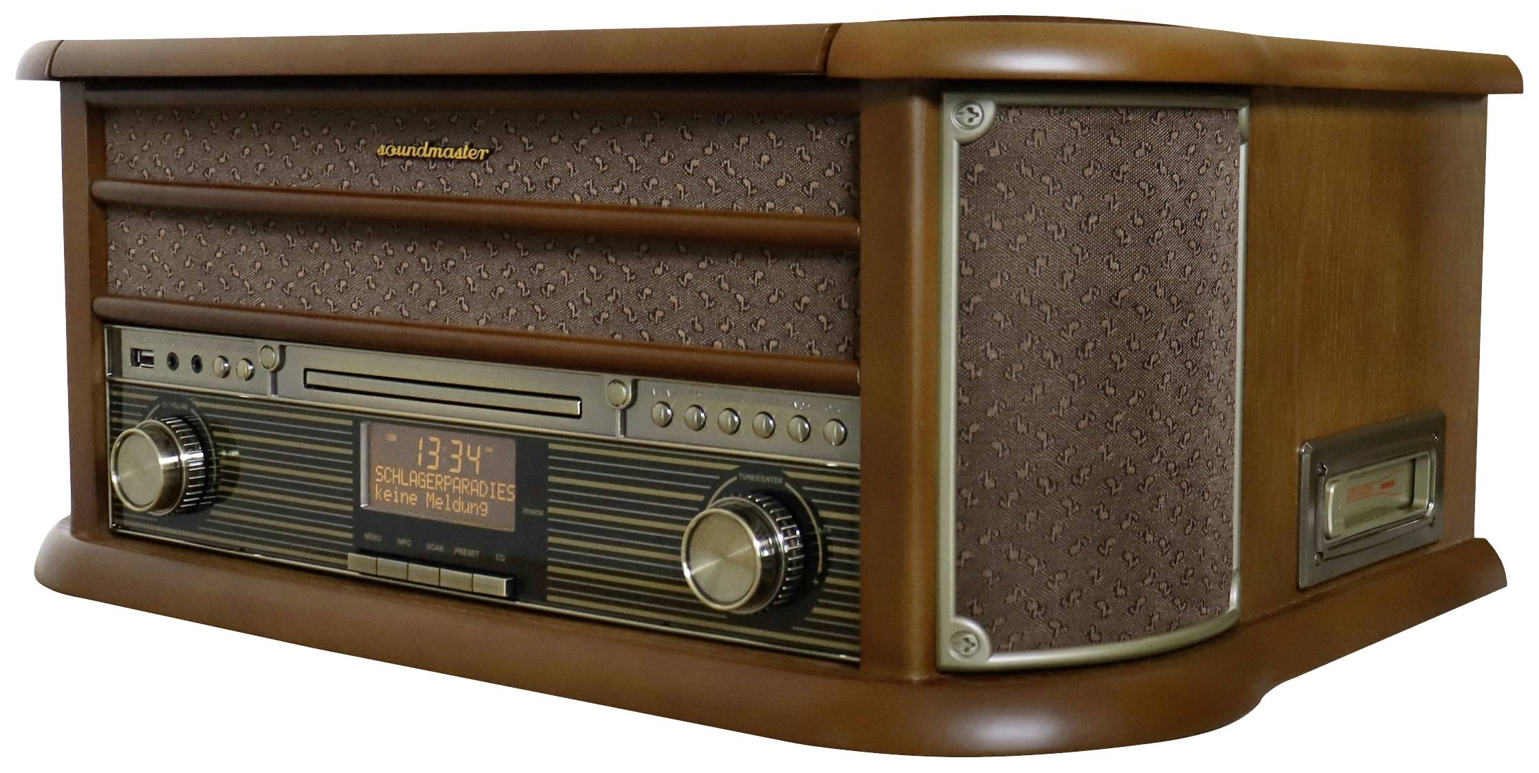 Ein braunes Retro-Radio mit Lautsprecher, CD-Player und Kassettendeck. Digitalanzeige zeigt '13:34'. Holzoptik mit Vintage-Design.