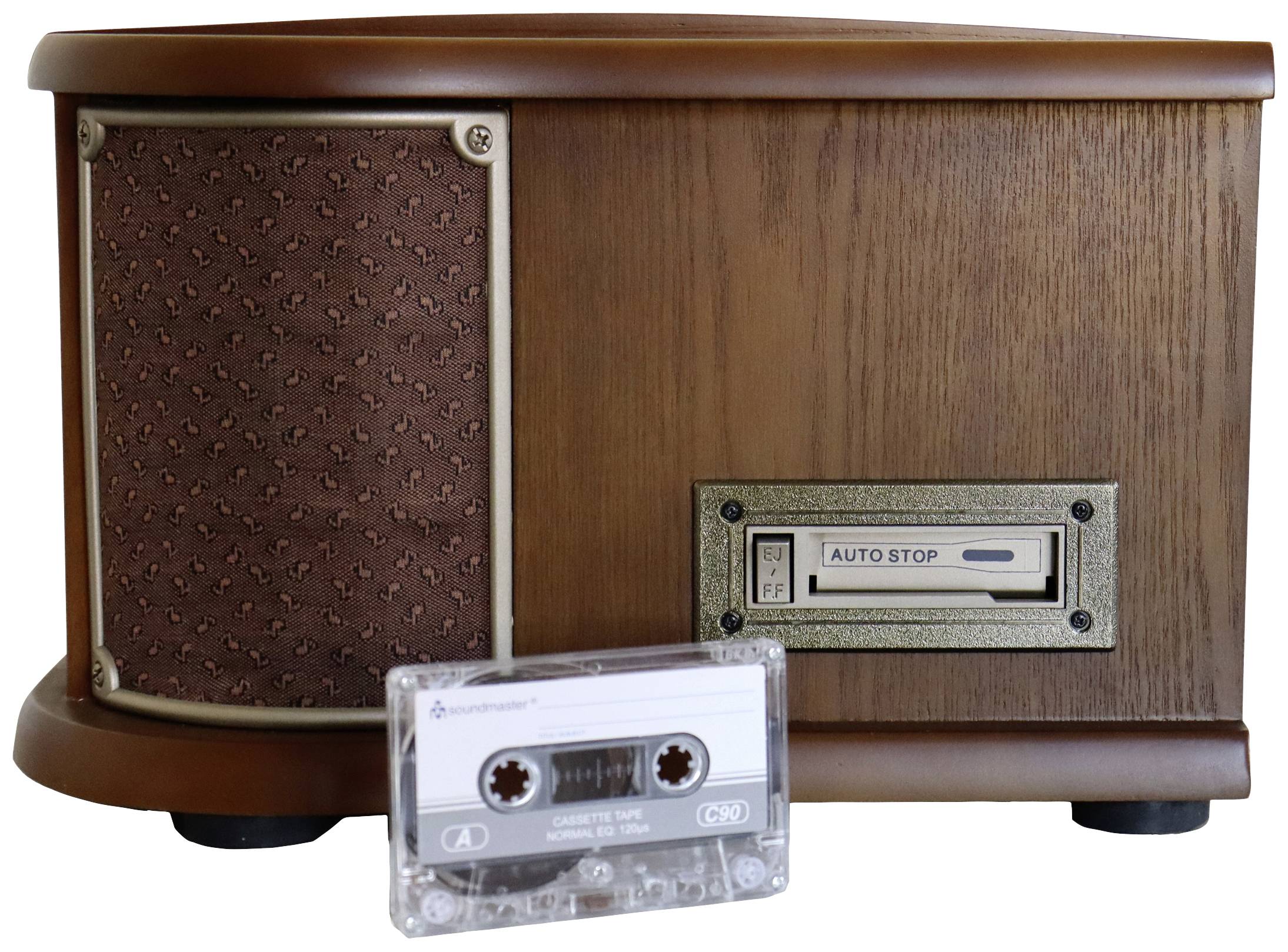 'Retro-Kassettenrekorder aus Holz mit der Beschriftung 