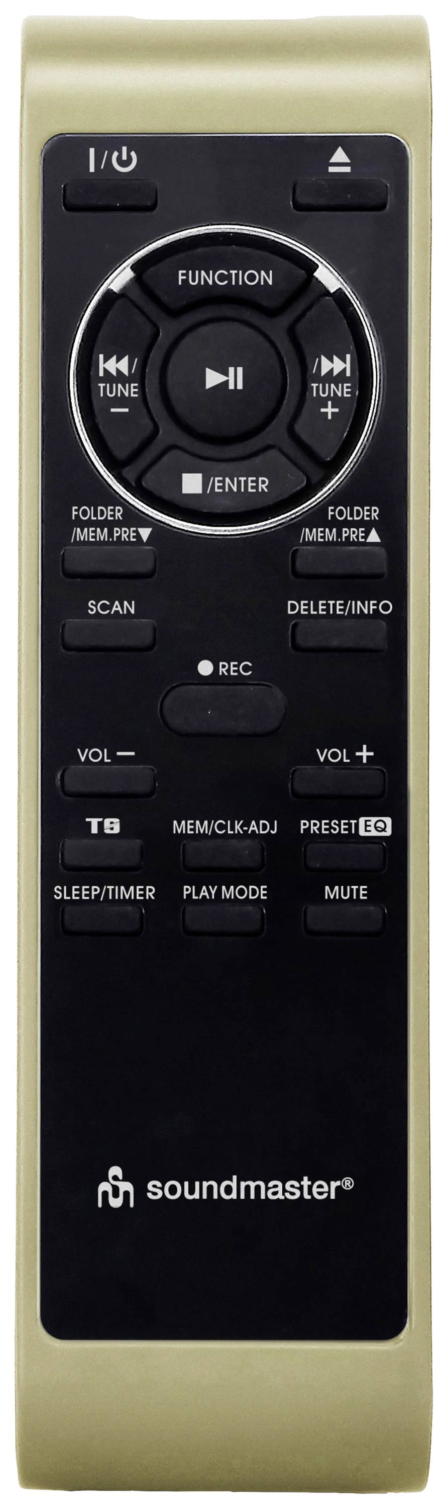 Eine schwarze Fernbedienung mit Tasten für Wiedergabe, Pause, Stummschaltung und Moduswechsel. Oben steht 'Function'.