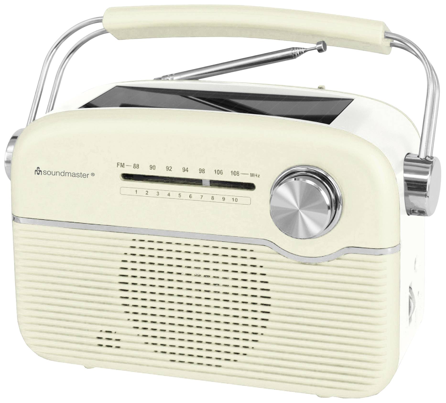 Ein cremefarbenes Retro-Radio mit silbernem Tuning-Knopf und Griff, zeigt FM-Frequenzen und Lautsprecher vorne.