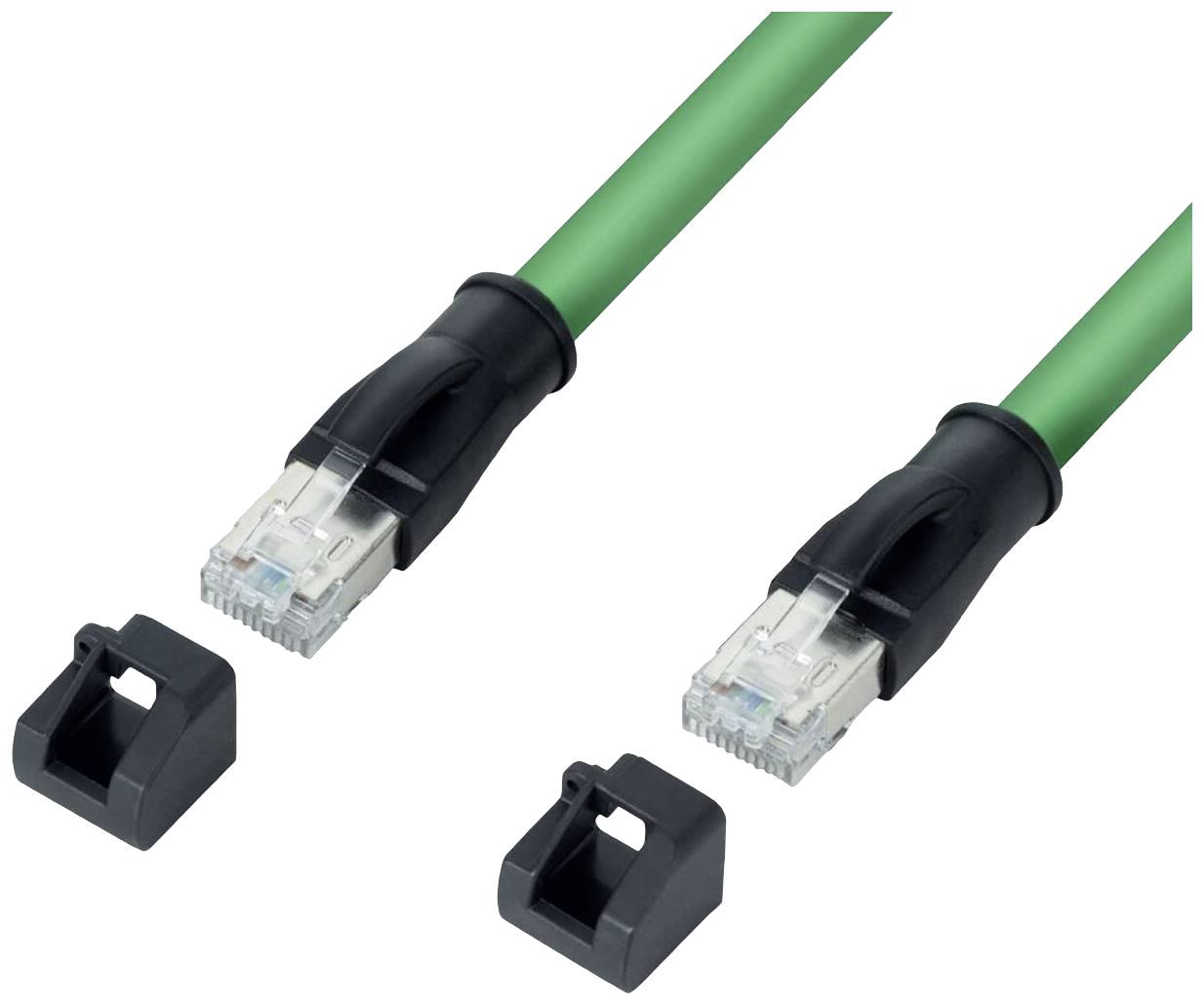 Zwei grüne Ethernet-Kabel mit aufgelegten Steckern und zwei separate schwarze Staubschutzkappen.