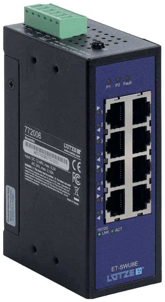 Ein schwarzer Ethernet-Switch mit acht RJ45-Ports, einer blauen Frontplatte mit Statusanzeigen und einem grünen Anschlussstecker oben.