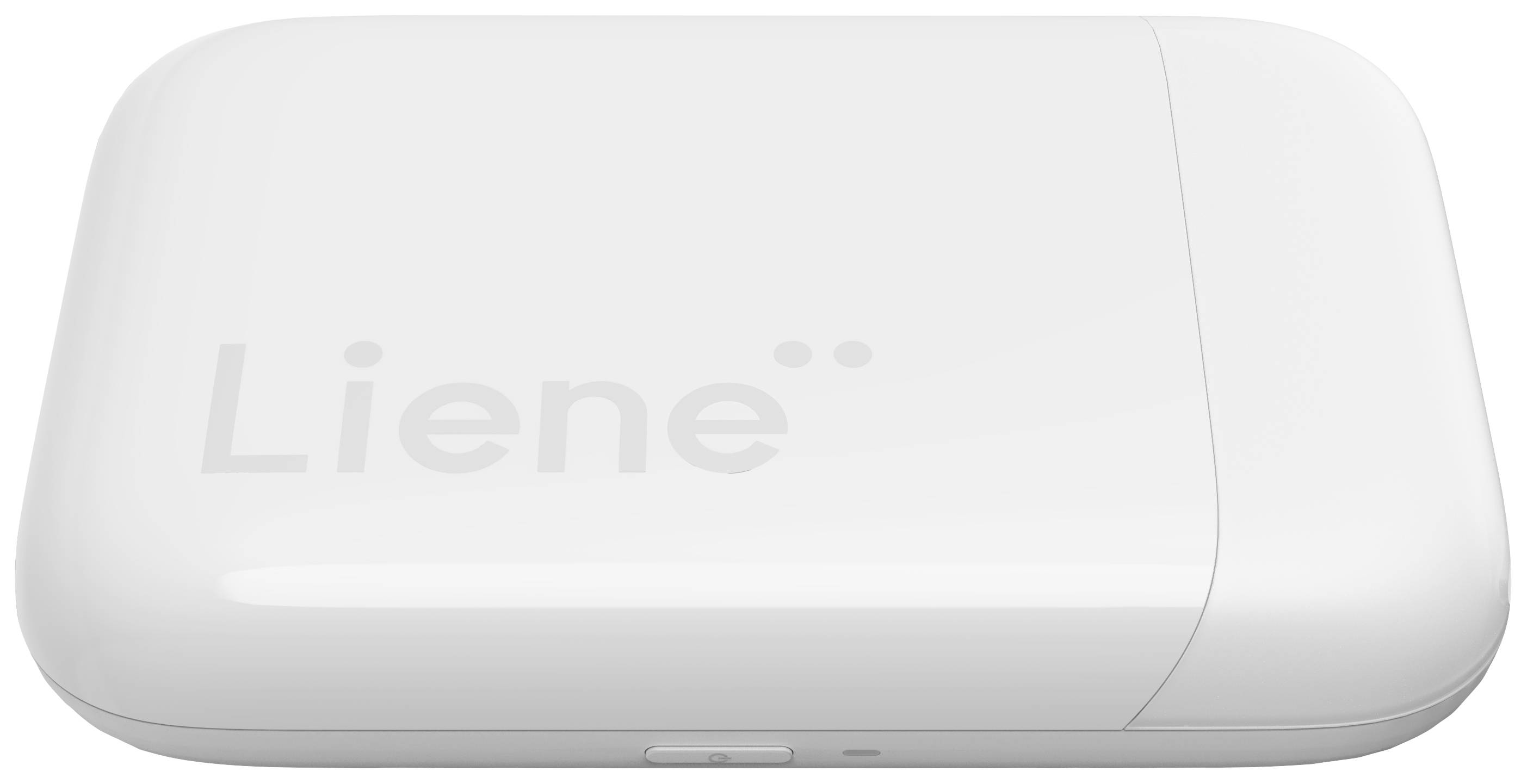 Ein weißer, tragbarer Fotodrucker mit abgerundeten Kanten und dem Markenname 'Liene' oben links. Geeignet für mobiles Drucken.
