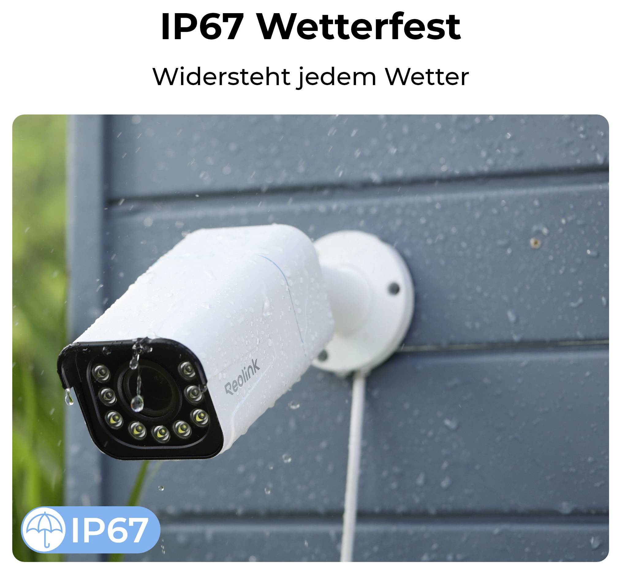 IP67 Wetterfeste Überwachungskamera, die an einer Außenwand montiert ist, mit Wassertropfen, die die Wasser- und Wetterfestigkeit verdeutlichen.