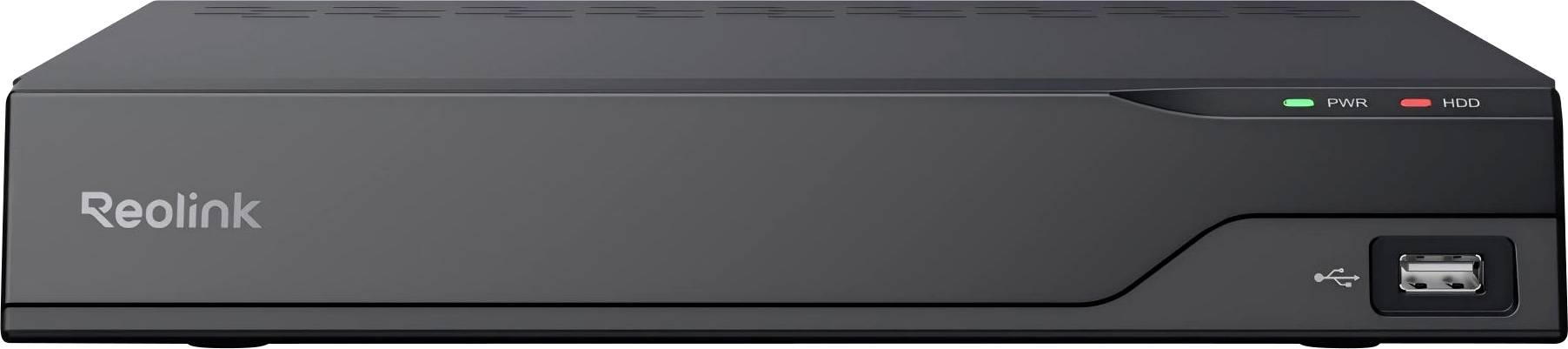 Ein schwarzes Reolink NVR-Gerät mit Anzeigen und einem USB-Anschluss auf dem Frontpanel, das zur Verwaltung und Aufzeichnung von Überwachungsaufnahmen verwendet wird.