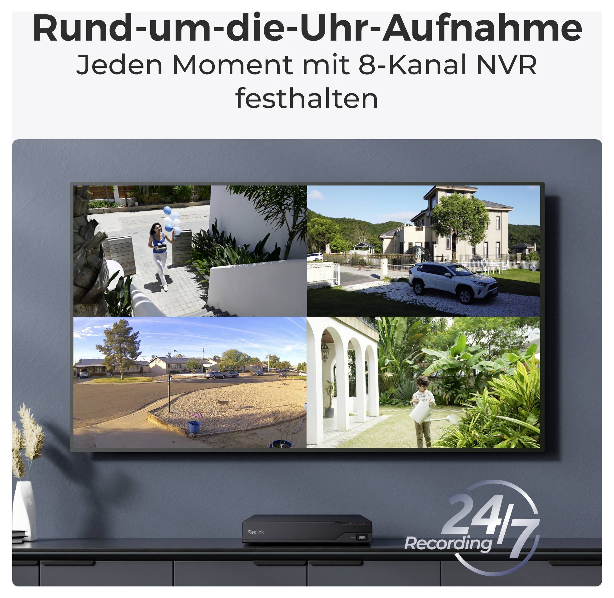 Rund-um-die-Uhr-Aufnahme: Jeden Moment mit 8-Kanal NVR festhalten zeigt einen Bildschirm mit vier Überwachungskamera-Aufnahmen verschiedener Außenszenen.
