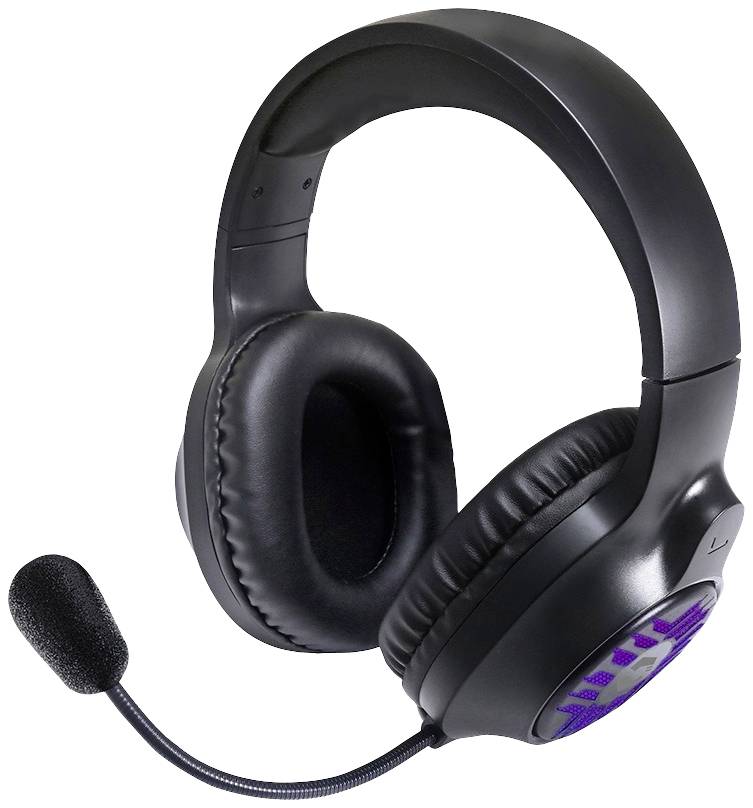 Schwarzes Gaming-Headset mit Mikrofon und lila dekorativem Licht auf den Ohrmuscheln. Geeignet für Computerspiele und Online-Kommunikation.
