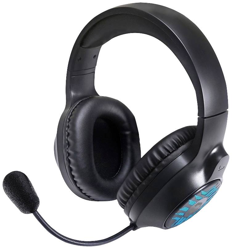 Ein schwarzes Gaming-Headset mit Mikrofon und blauem Lichtmuster an den Ohrmuscheln.