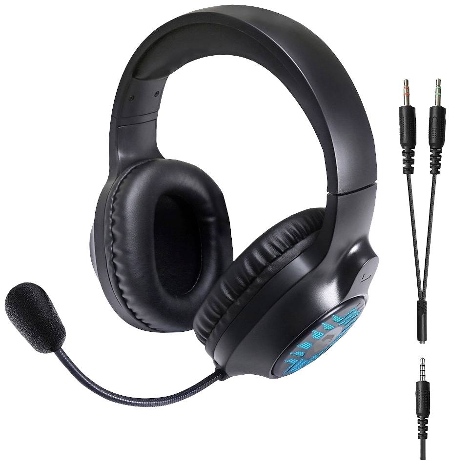 Schwarzes Headset mit Mikrofon, verbunden über Audiostecker, zeigt ein blaues Muster an der Seite.