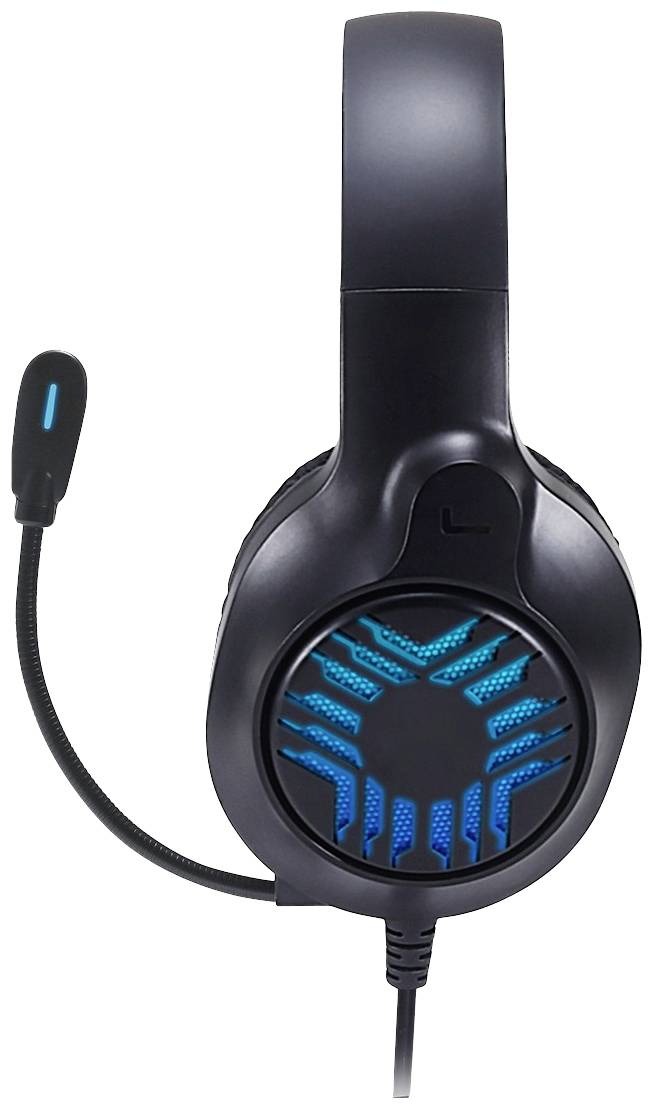 Schwarzes Gaming-Headset mit blau beleuchteten Ohrmuscheln und flexiblem Mikrofonarm.
