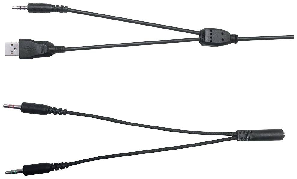 Kabel mit einem USB-Anschluss und zwei 3,5-mm-Audiosteckern für Mikrofon und Kopfhörer, geeignet für Audio- und Datenübertragung.