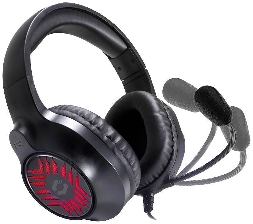 Schwarzes Gaming-Headset mit rotem Lüftungsmuster auf den Ohrmuscheln und flexiblem Mikrofon.