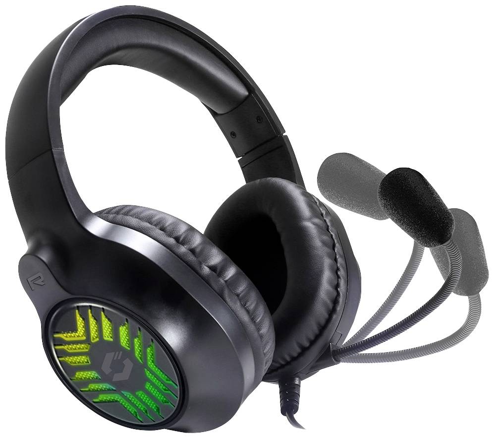 Schwarzes Gaming-Headset mit Mikrofon, grüner LED-Beleuchtung an den Ohrmuscheln. Ideal für Computerspiele und Online-Kommunikation.