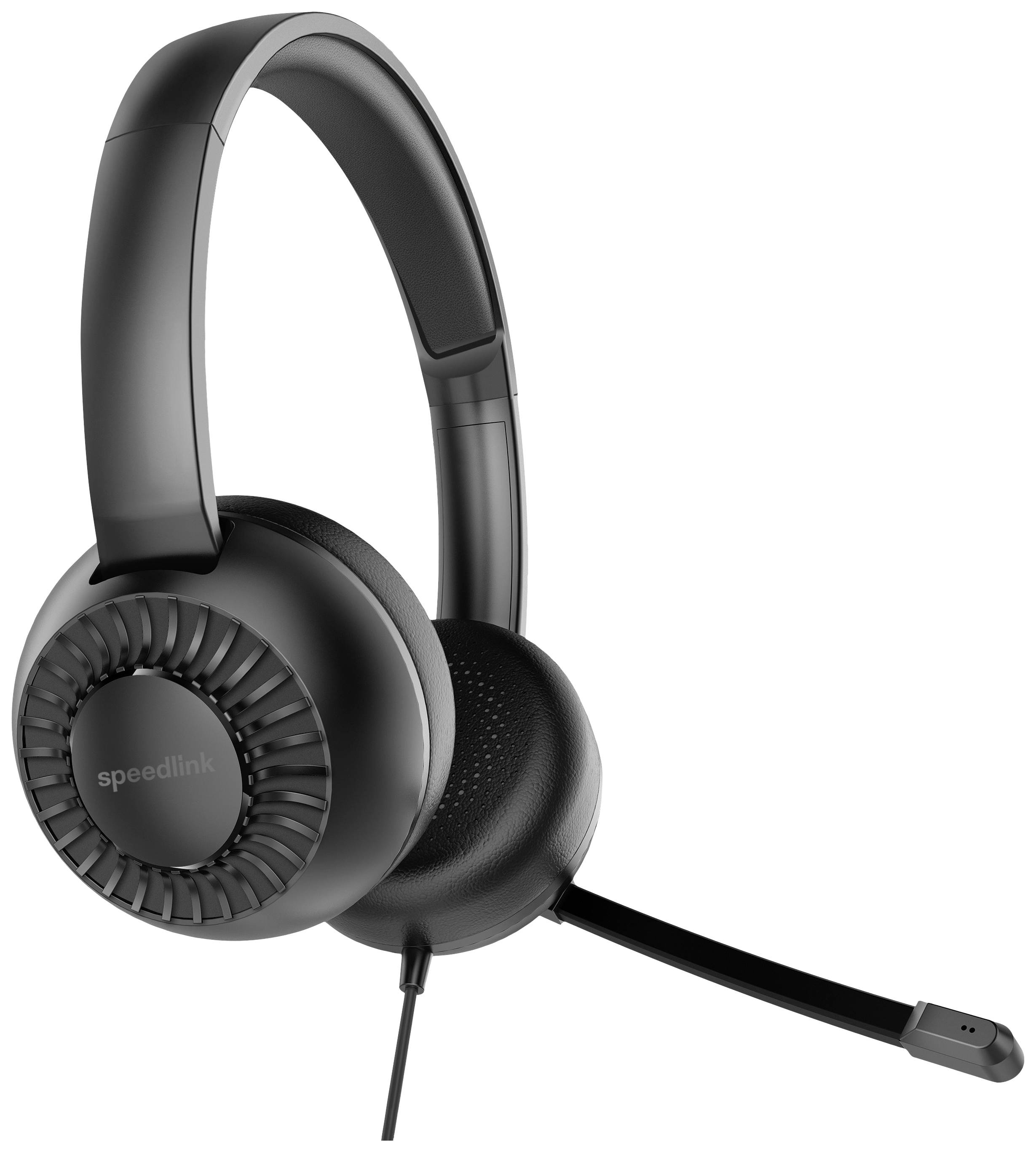 Schwarzes Over-Ear-Headset mit Mikrofonarm, geeignet für PC-Kommunikation oder Gaming. Markentext 'speedlink' auf der Ohrmuschel.