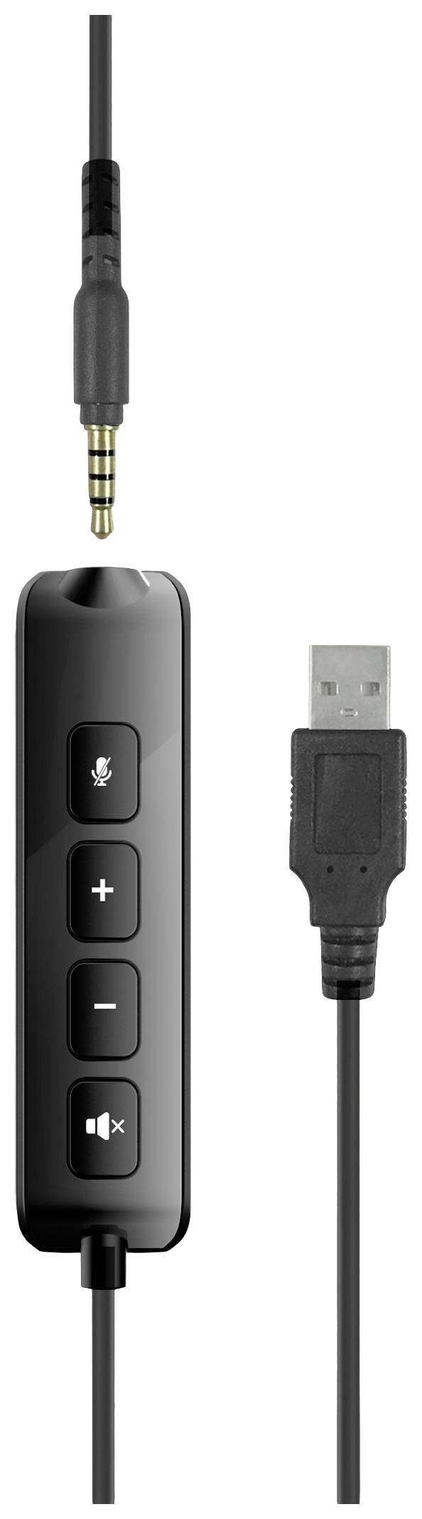 Schwarzes Headset-Kabel mit Bedienelementen und USB-Stecker. Enthält Lautstärkeregler, Stummschaltung und 3,5-mm-Audioklinke.