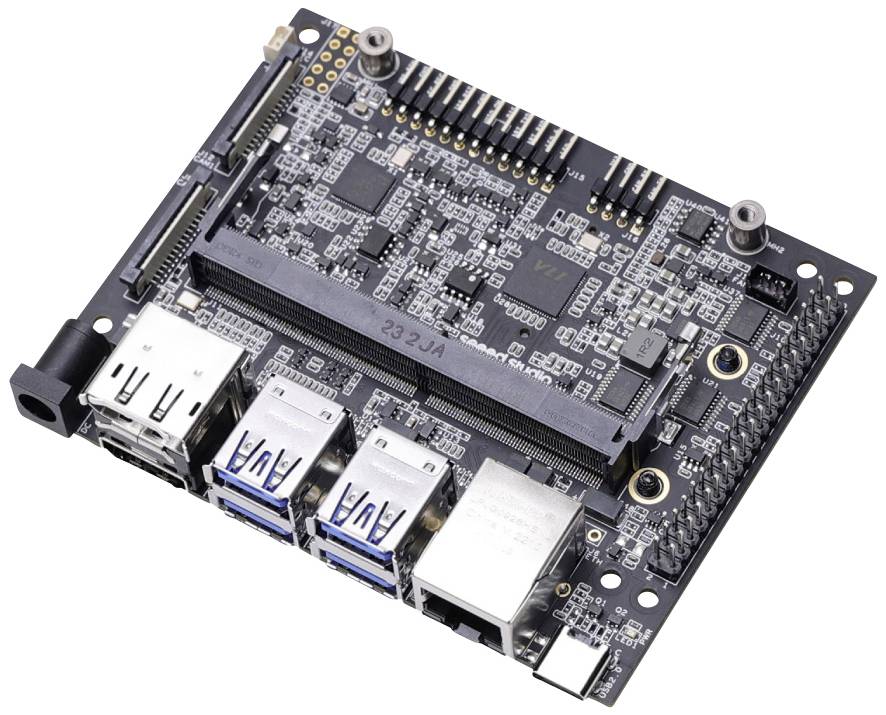 Ein Single-Board-Computer mit mehreren USB-Anschlüssen, Ethernet-Port und weiteren Schnittstellen auf einer kleinen Leiterplatte.