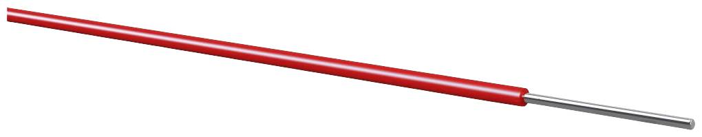 Ein isoliertes Kabel mit rotem Mantel und freiliegendem silberfarbenem Draht an einem Ende.