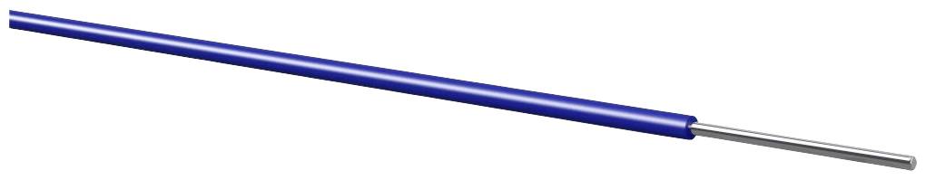 Ein blaues elektrisches Kabel mit sichtbarem Metallkern an einem Ende.