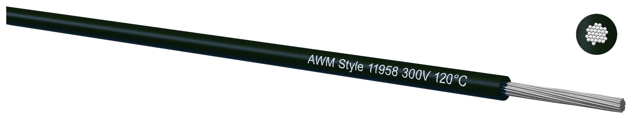 Schwarzes elektrisches Kabel mit Aufschrift 'AWM Style 11958 300V 120°C', zeigt Drahtbündel innen. Geeignet für 300V und 120°C.