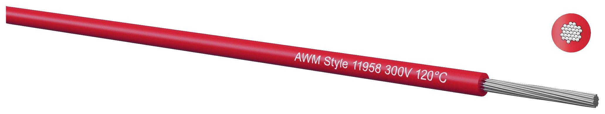 Rotes, isoliertes Kabel mit Aufschrift 'AWM Style 11958 300V 120°C', zeigt auch die Drahtkonstruktion im Querschnitt.