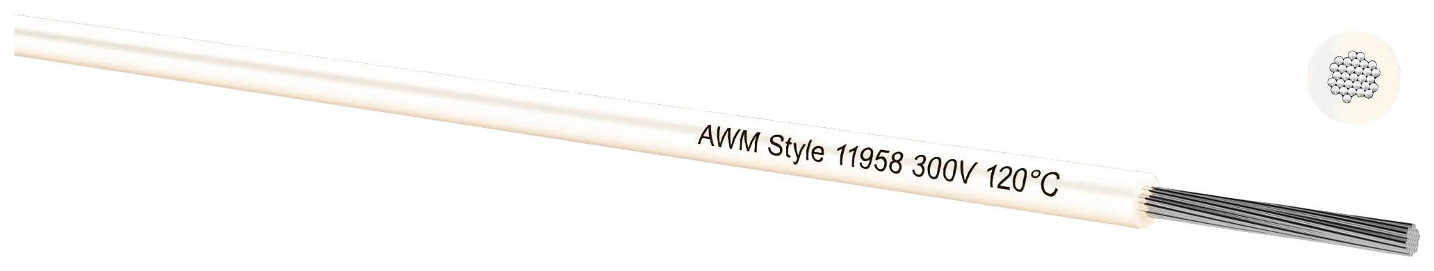 Ein weißes elektrisches Kabel mit der Aufschrift 'AWM Style 11958 300V 120°C', das ein Bündel von feinen schwarzen Drähten enthält.