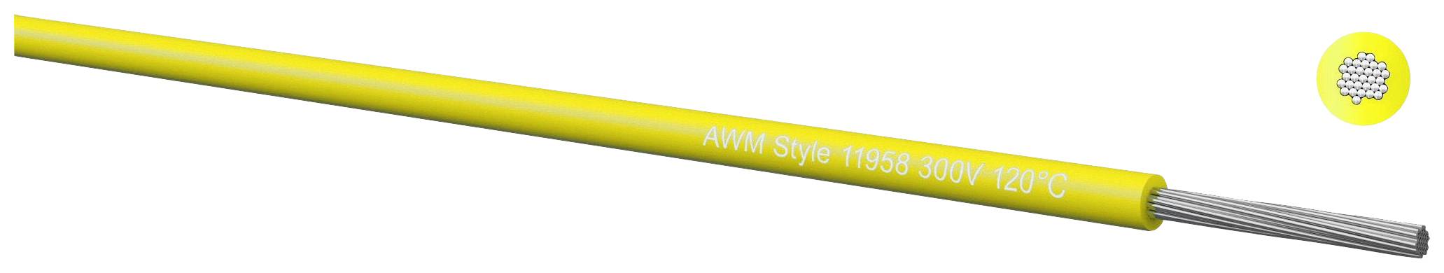 Gelbes elektrisches Kabel mit Beschriftung 'AWM Style 10586 300V 120°C', Drahtgeflecht sichtbar am offenen Ende, seitliche Ansicht.