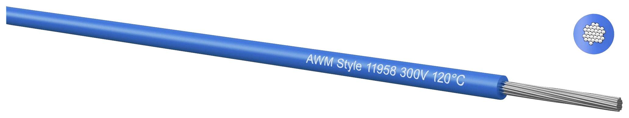 Blau isoliertes Kabel mit der Aufschrift 'AWM Style 11058 300V 120°C', zeigt inneren Metallleiter und Drahtquerschnitt im Kreis.