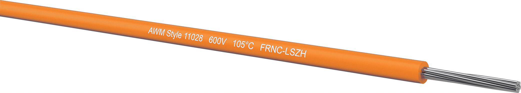Oranges Kabel mit der Aufschrift 'AWM Style 11030 600V 150°C FT1 CSA' und Draht innen sichtbar, für elektrische Anwendungen geeignet.