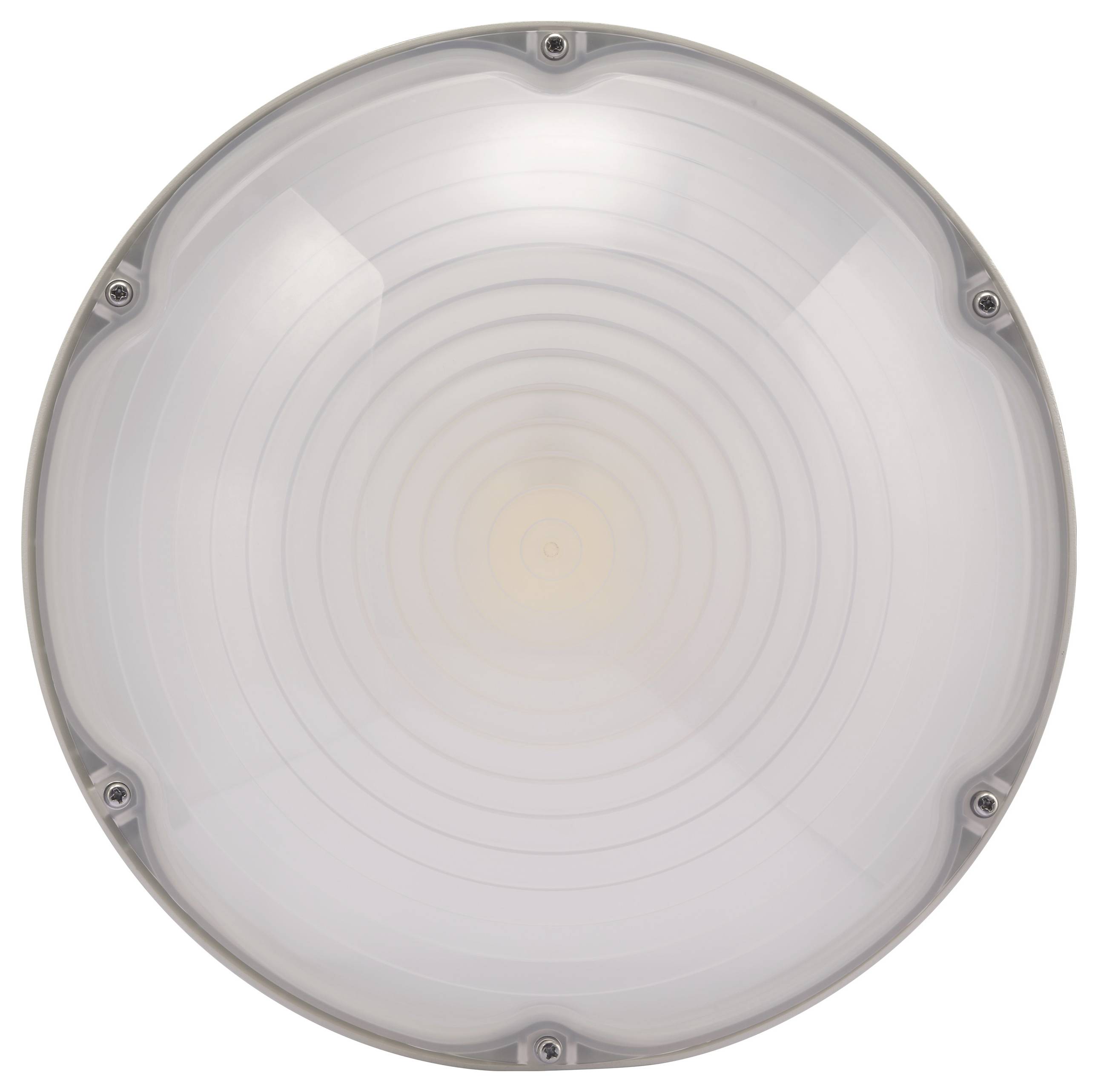 Eine runde, weiße Deckenleuchte mit konzentrischen Kreisen, gleichmäßig beleuchtet.