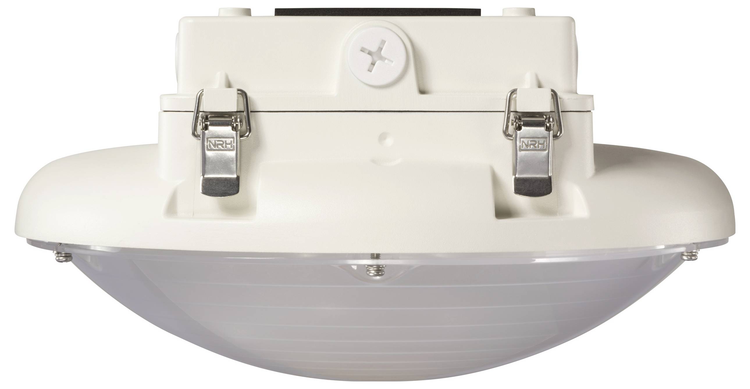 Eine runde, weiße Deckenleuchte mit klarer Abdeckung und Metallverschlüssen seitlich.