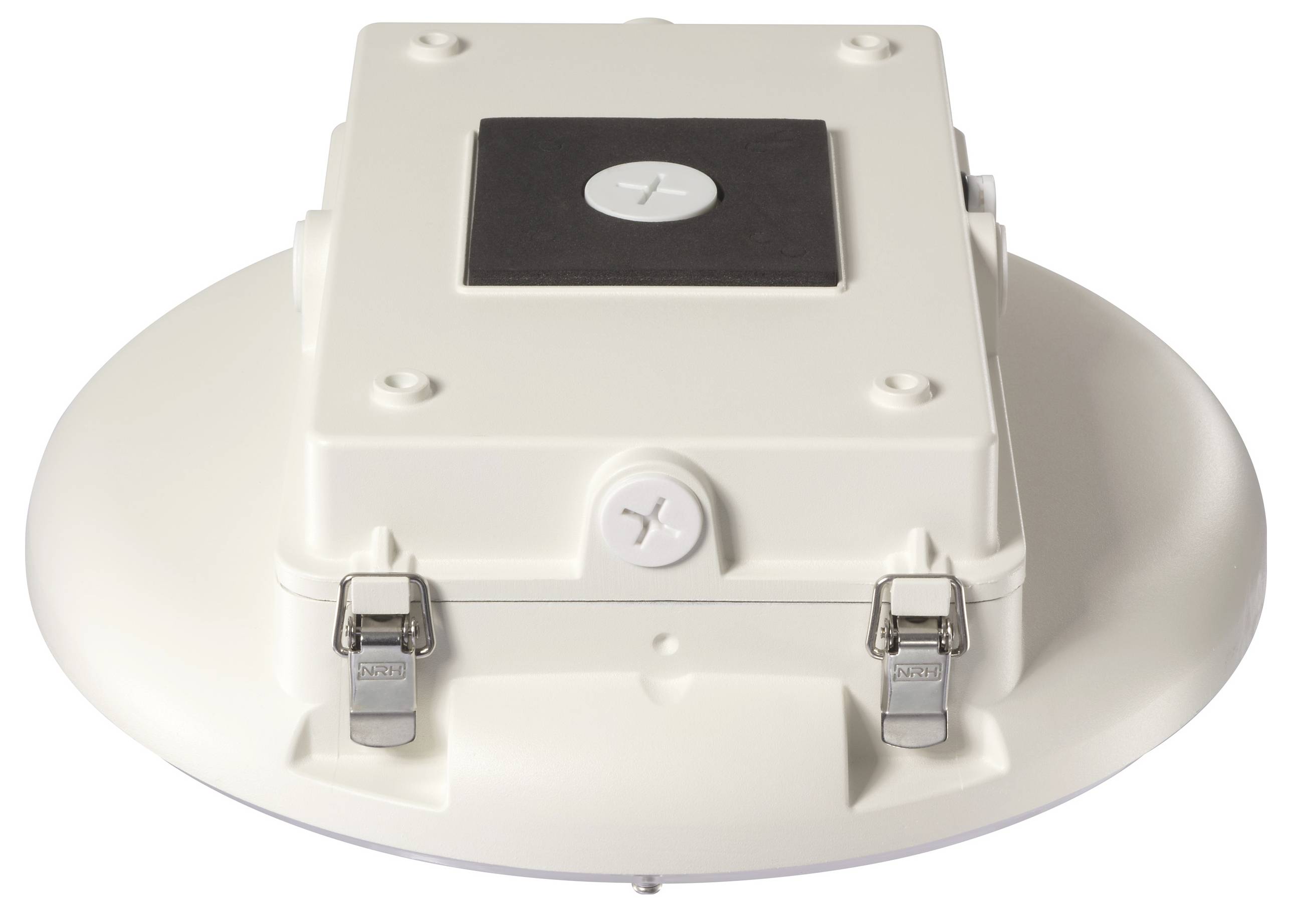 Ein weißes, rundes Gerät mit Metallverschlüssen und einer zentralen Abdeckung auf der Oberseite. Zweck unbekannt.