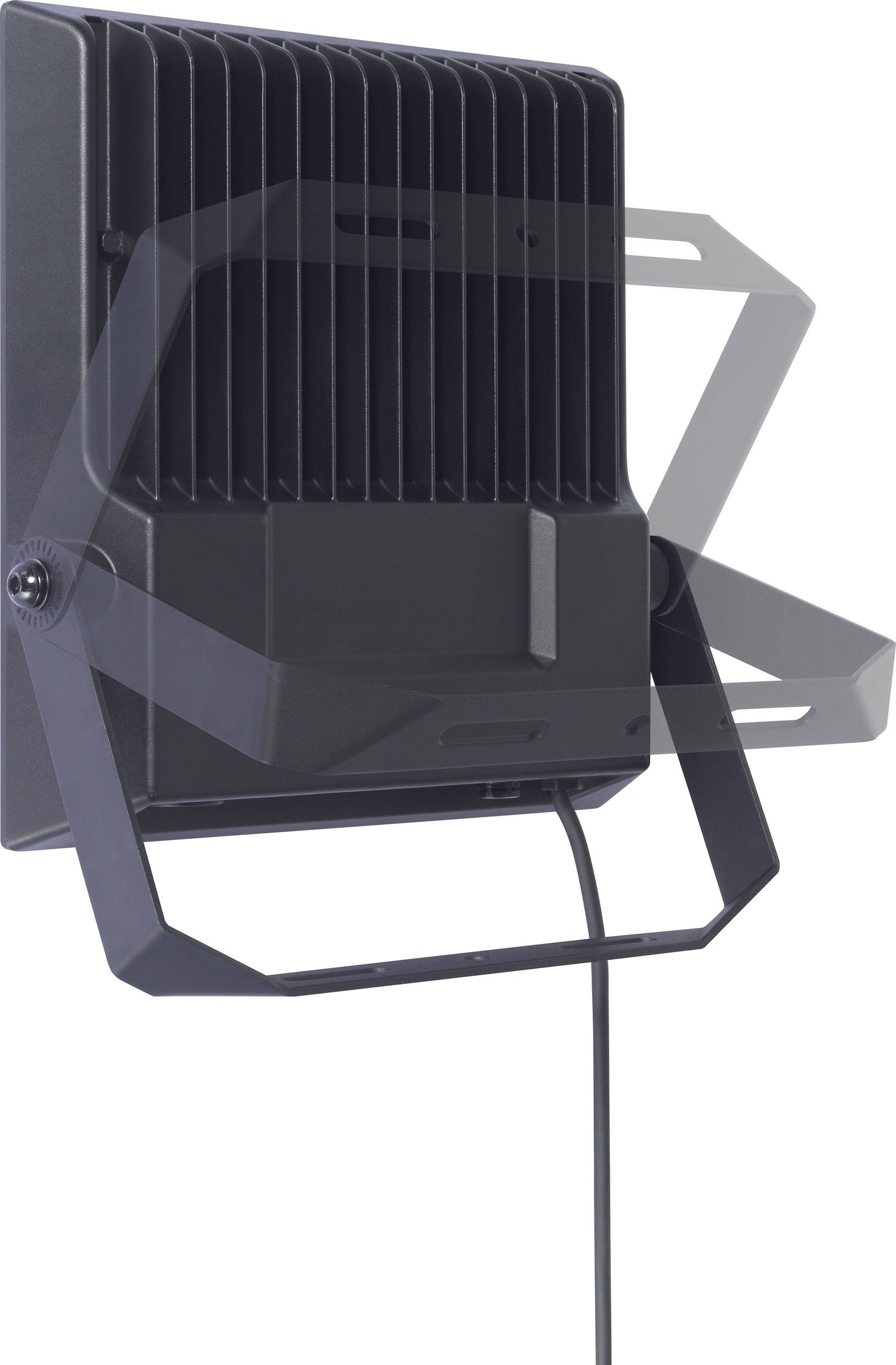 Ein LED-Strahler mit schwarzem Gehäuse und verstellbarem Bügel, geeignet für den Außenbereich.