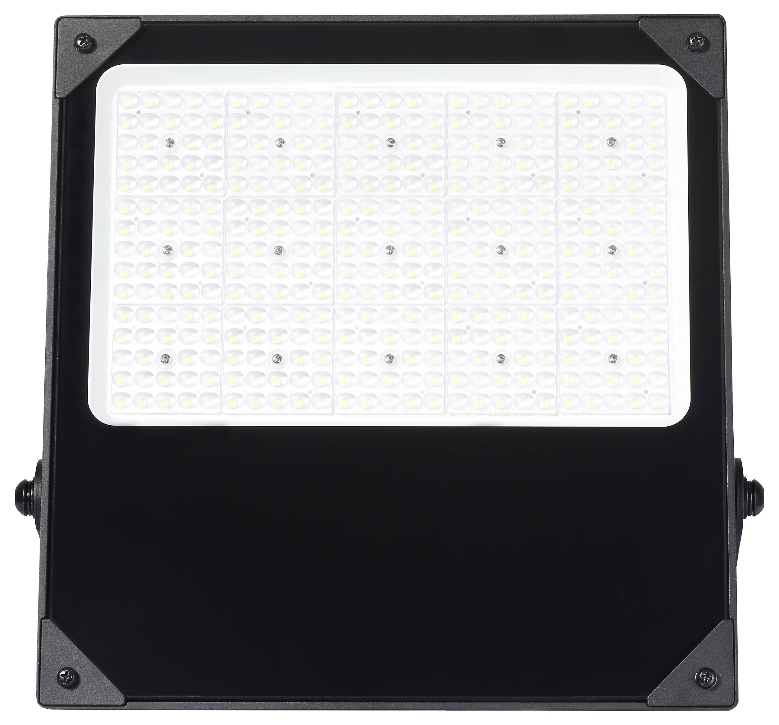 Ein LED-Fluter in rechteckiger Form mit einem schwarzen Rahmen und einer Matrix aus einzelnen LED-Lichtern, die leuchten.