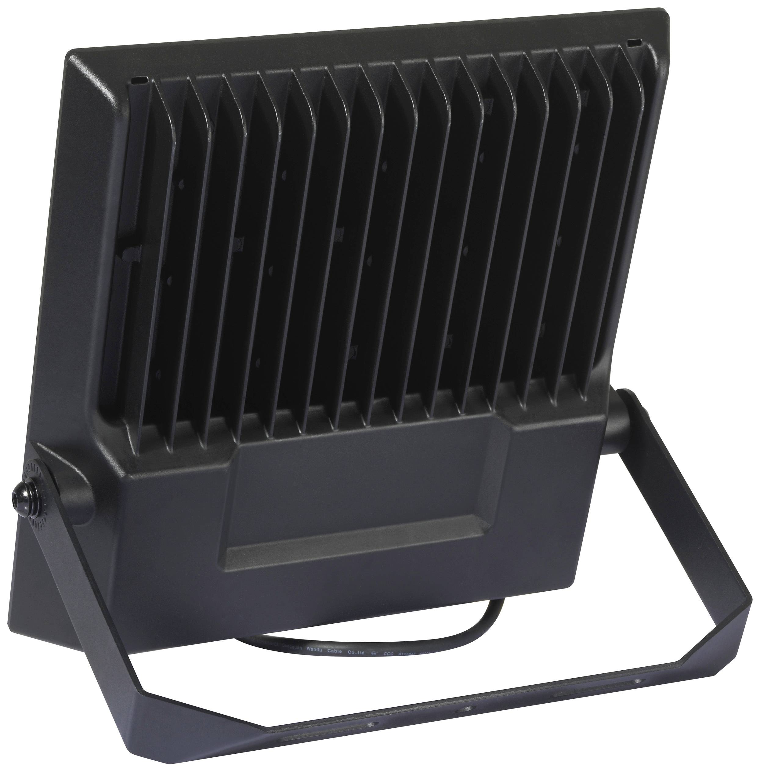 Ein schwarzer LED-Fluter mit geripptem Gehäuse von hinten gezeigt, montiert auf einem verstellbaren Bügel.