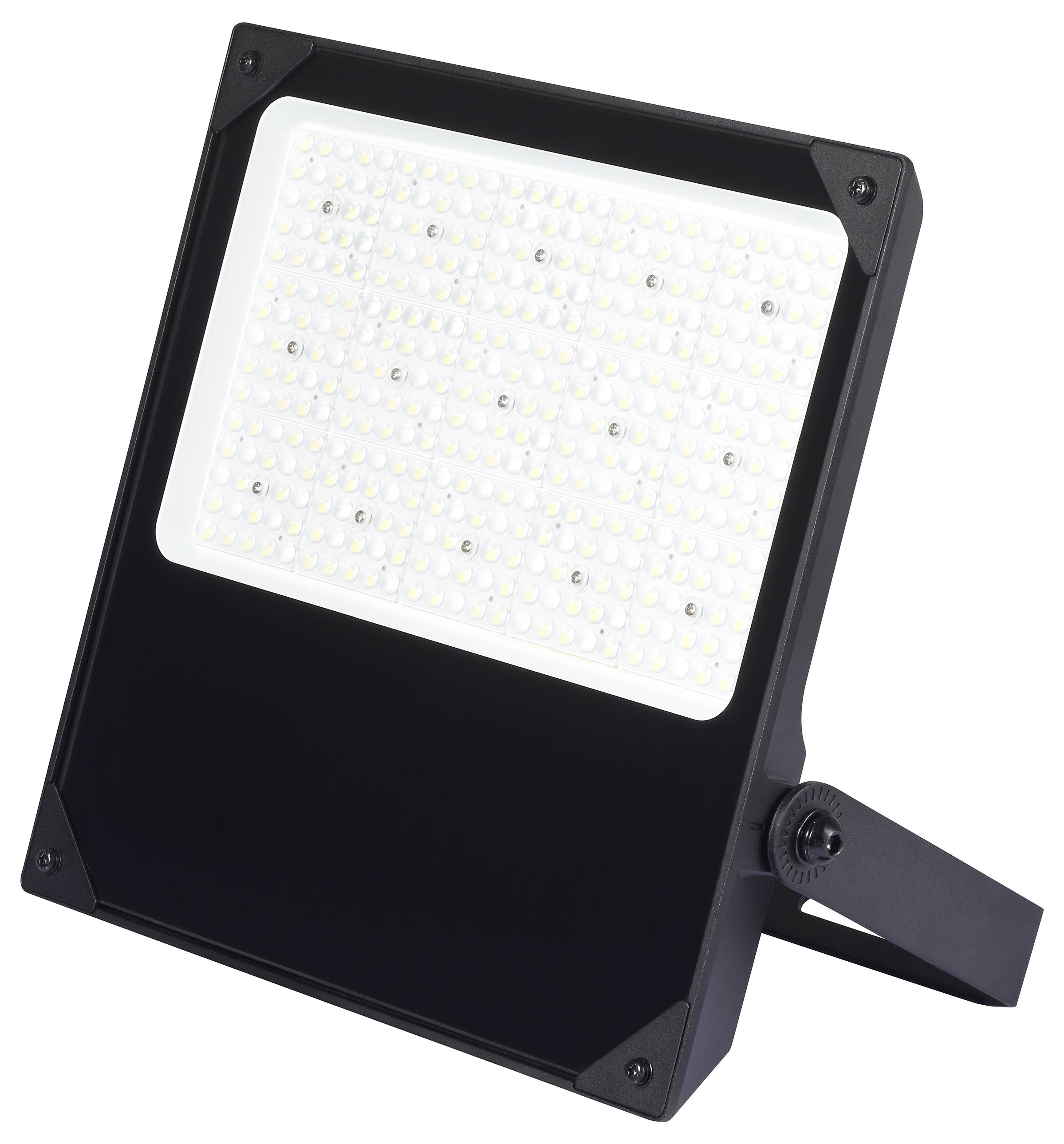 LED-Flutlicht in schwarzem Gehäuse, angewinkelt auf einem Standfuß zur Beleuchtung großer Flächen. Energiesparend und hell.