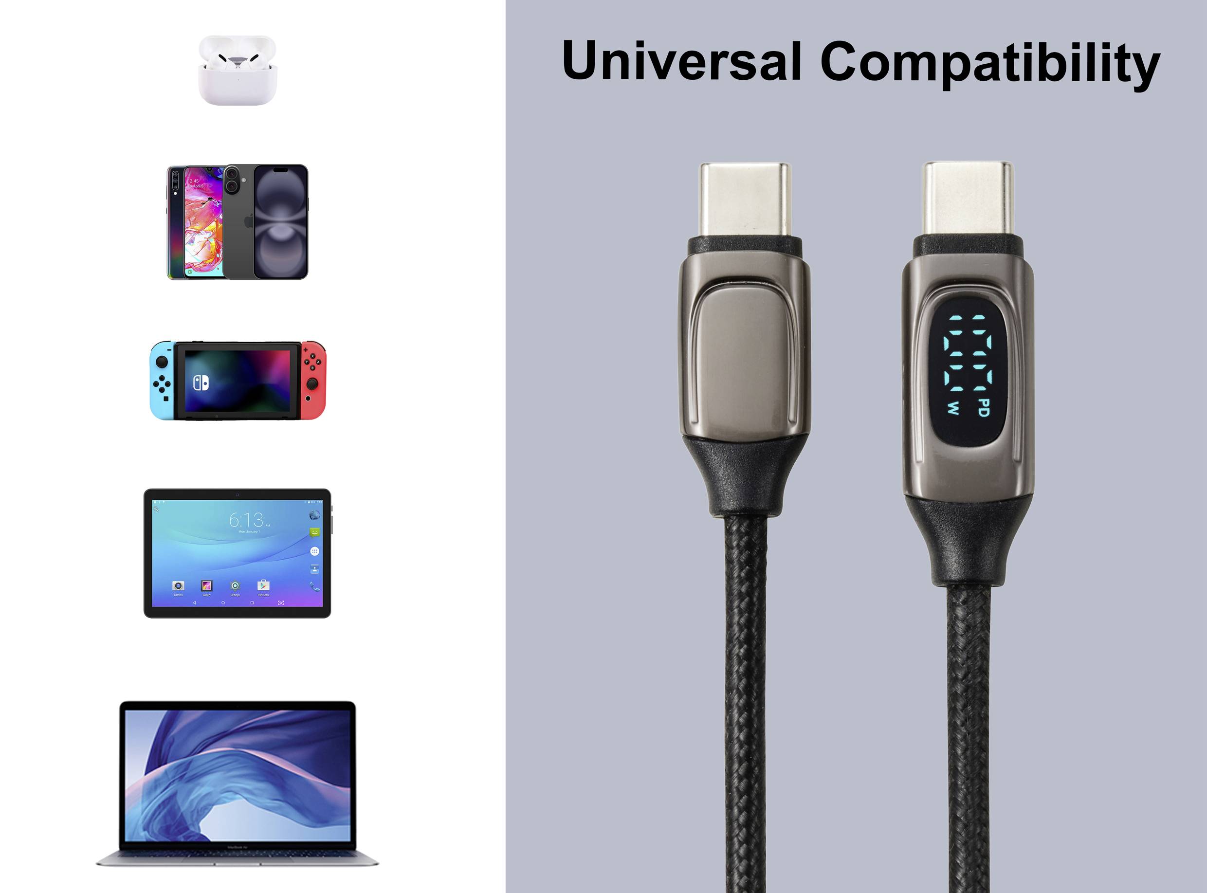 'Universal Compatibility' zeigt ein USB-C-Kabel neben verschiedenen Geräten, darunter Smartphone, Tablet, Laptop und Kopfhörer, die das Kabel unterstützen.