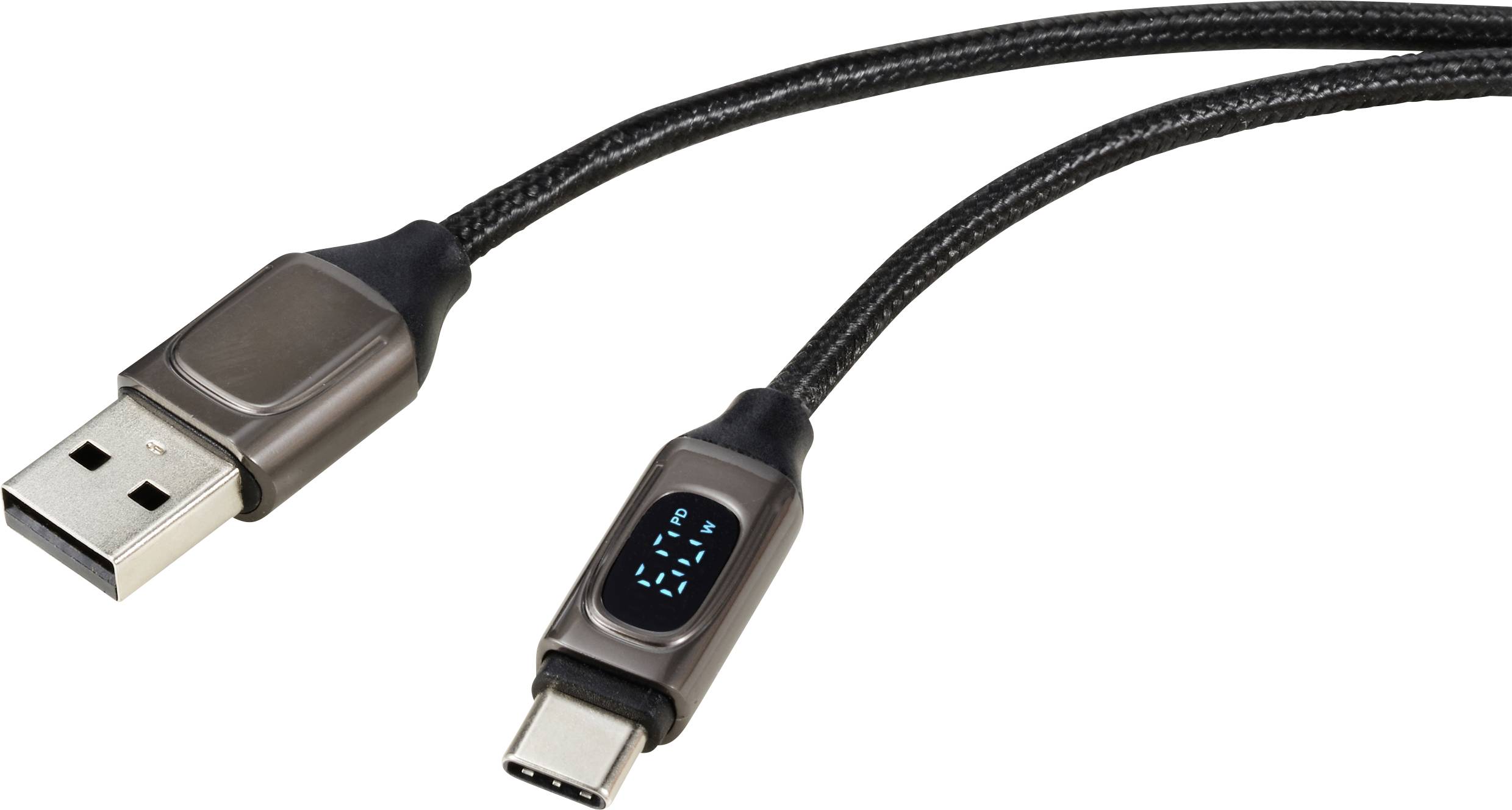 USB-Kabel mit USB-A-Stecker auf der linken Seite und USB-C-Stecker auf der rechten Seite, beide schwarz-umhüllt.