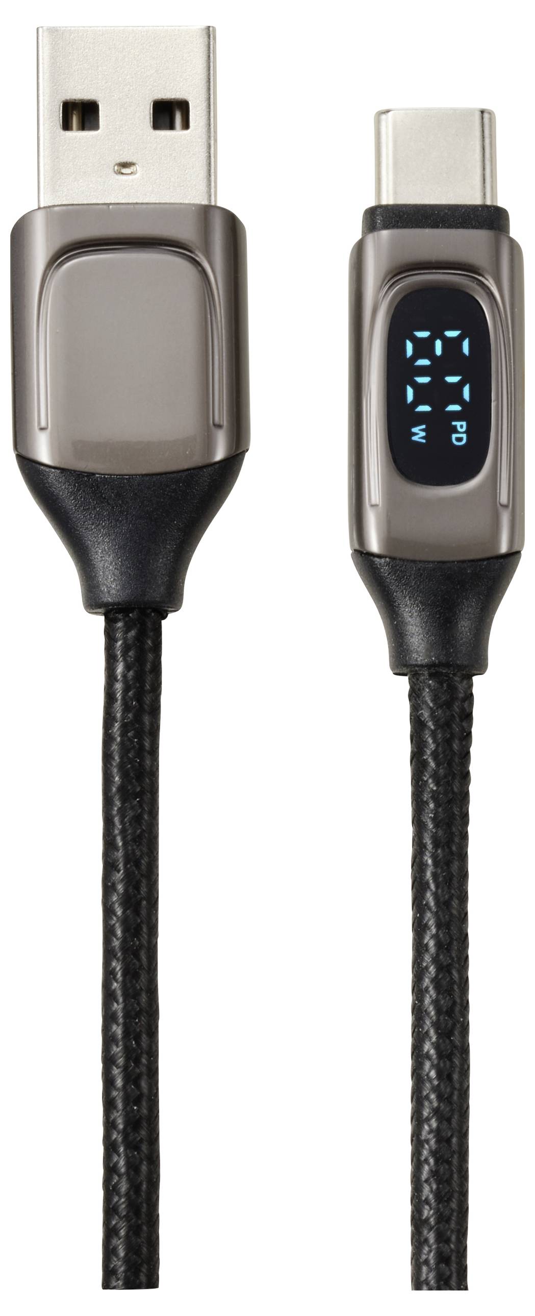 USB-Kabel mit USB-A- und USB-C-Anschlüssen, schwarzes geflochtenes Kabel, digitales Display bei USB-C-Anschluss zeigt 'PD'.