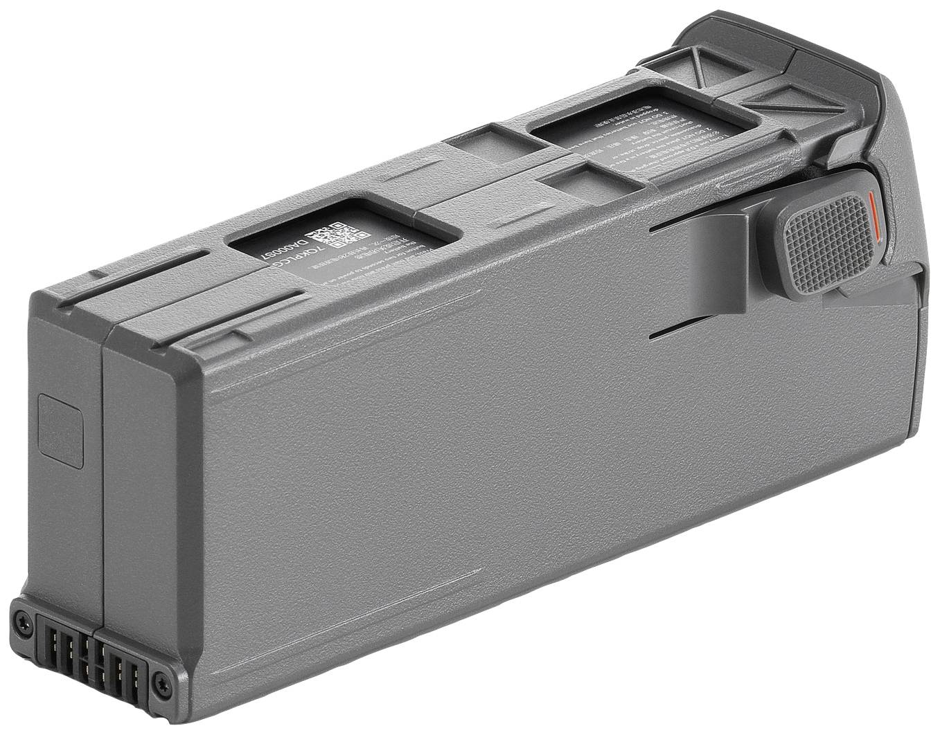 Ein grauer Akkupack mit schwarzen Details und einem roten Schalter an der Seite. Geeignet für elektronische Geräte.